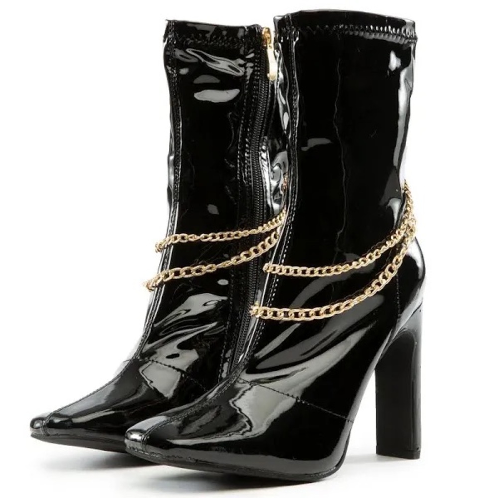Liliana Black Patent High-Heel Ankle Boots with Gold Chain Detail